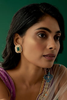 Gold Plated Moissanite Polki & Green Dublet Stone Stud Earrings In Sterling Silver
