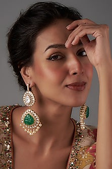 Gold Plated Moissanite Polki & Onyx Dangler Earrings In Sterling Silver
