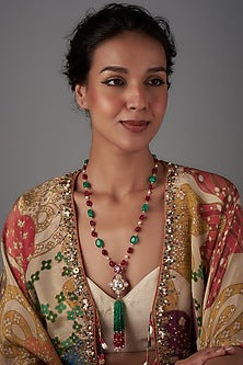 Gold Plated Moissanite Polki & Hand-Cut Quartz Long Necklace In Sterling Silver
