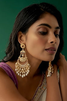 Gold Plated Moissanite Polki & Red Quartz Chandbaali Earrings In Sterling Silver