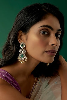 Black Rhodium Plated Moissanite Polki & Freshwater Pearl Dangler Earrings In Sterling Silver