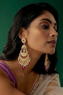 Gold Plated Moissanite Polki & Red Quartz Chandbaali Earrings In Sterling Silver