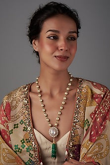 Gold Plated Moissanite Polki & Freshwater Pearl Long Necklace In Sterling Silver