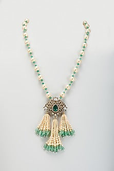 Black Rhodium Plated Moissanite Polki & Freshwater Pearl Long Necklace In Sterling Silver