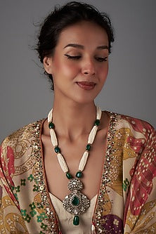Black Rhodium Plated Moissanite Polki & Freshwater Pearl Long Necklace In Sterling Silver