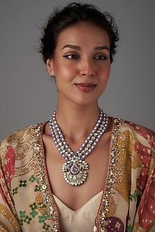Black Rhodium Plated Moissanite Polki & Freshwater Pearl Long Necklace In Sterling Silver