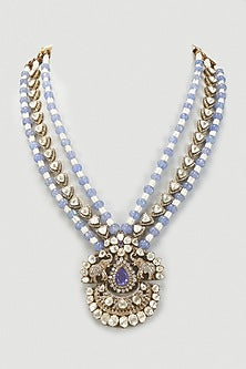 Black Rhodium Plated Moissanite Polki & Freshwater Pearl Long Necklace In Sterling Silver