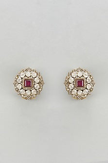 Black Rhodium Plated Moissanite Polki & Red Dublet Stone Stud Earrings In Sterling Silver