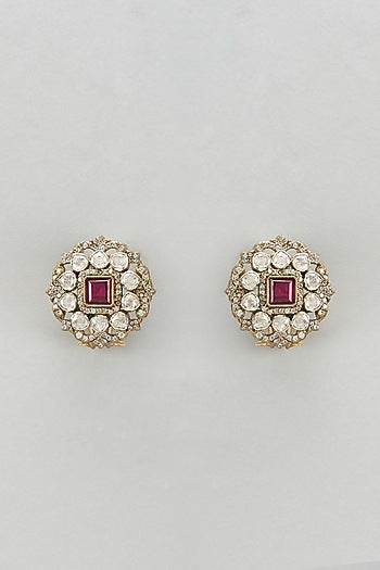 Black Rhodium Plated Moissanite Polki & Red Dublet Stone Stud Earrings In Sterling Silver