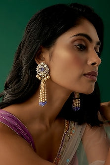 Gold Plated Moissanite Polki & Amethyst Dangler Earrings In Sterling Silver