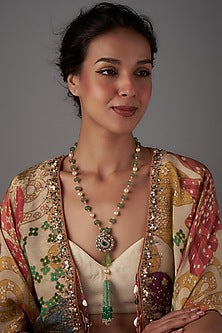 Gold Plated Moissanite Polki & Freshwater Pearl Long Necklace In Sterling Silver