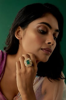 Gold Plated Moissanite Polki & Green Dublet Stone Ring In Sterling Silver