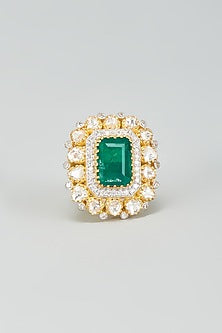 Gold Plated Moissanite Polki & Green Dublet Stone Ring In Sterling Silver