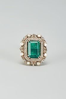 Black Rhodium Plated Moissanite Polki & Green Dublet Stone Ring In Sterling Silver