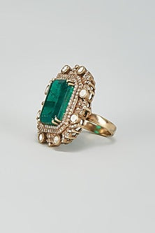 Black Rhodium Plated Moissanite Polki & Green Dublet Stone Ring In Sterling Silver