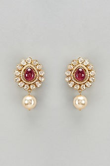Gold Plated Moissanite Polki & Red Quartz Stud Earrings In Sterling Silver