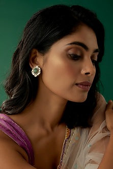 Gold Plated Moissanite Polki & Green Beryl Stone Stud Earrings In Sterling Silver