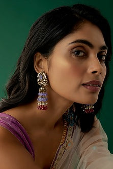 Black Rhodium Plated Moissanite Polki & Amethyst Dangler Earrings In Sterling Silver