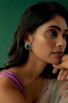Black Rhodium Plated Moissanite Polki & Green Dublet Dangler Earrings In Sterling Silver