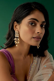 Gold Plated Moissanite Polki & Freshwater Pearl Dangler Earrings In Sterling Silver