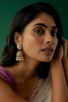 Gold Plated Moissanite Polki & Freshwater Pearl Jhumka Earrings In Sterling Silver
