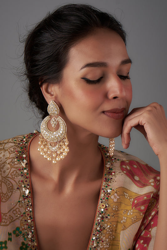 Gold Plated Moissanite Polki & Freshwater Pearl Chandbaali Earrings In Sterling Silver