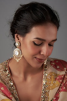 Gold Plated Moissanite Polki & Freshwater Pearl Dangler Earrings In Sterling Silver