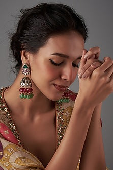 Black Rhodium Plated Moissanite Polki & Red Carved Quartz Dangler Earrings In Sterling Silver