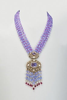 Black Rhodium Plated Moissanite Polki & Amethyst Long Necklace In Sterling Silver