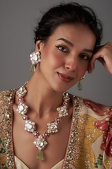 Gold Plated Moissanite Polki & Hand-Cut Red Quartz Stone Long Necklace Set In Sterling Silver