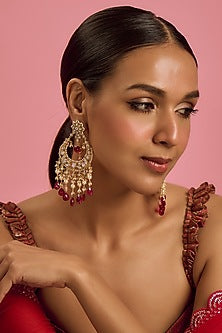 Gold Plated Moissanite & Red Quartz Chandbali Earrings In Sterling Silver