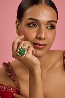 Gold Plated Moissanite & Green Doublet Stone Ring In Sterling Silver