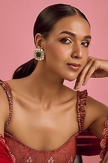 Gold Plated Moissanite & Green Doublet Stone Stud Earrings In Sterling Silver