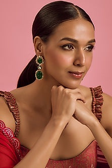 Gold Plated Green Beryl Stone Dangler Earrings In Sterling Silver