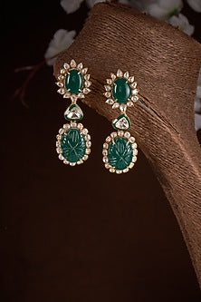 Gold Plated Green Beryl Stone Dangler Earrings In Sterling Silver