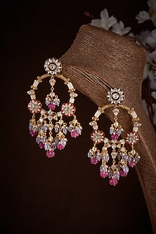 Gold Plated Red & Blue Quartz Chandbali Earrings In Sterling Silver