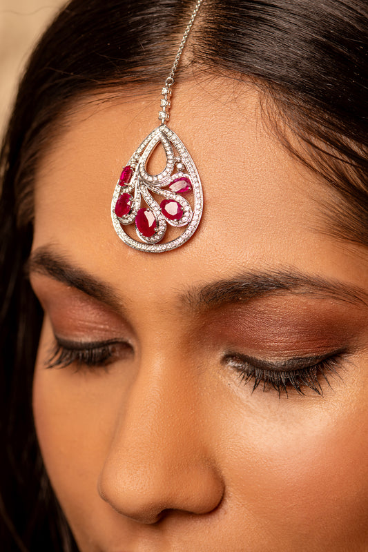 18 Kt White Gold Diamond & Ruby Maang Tikka