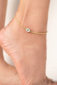 14 Kt Yellow Gold Diamond Evil Eye Anklet