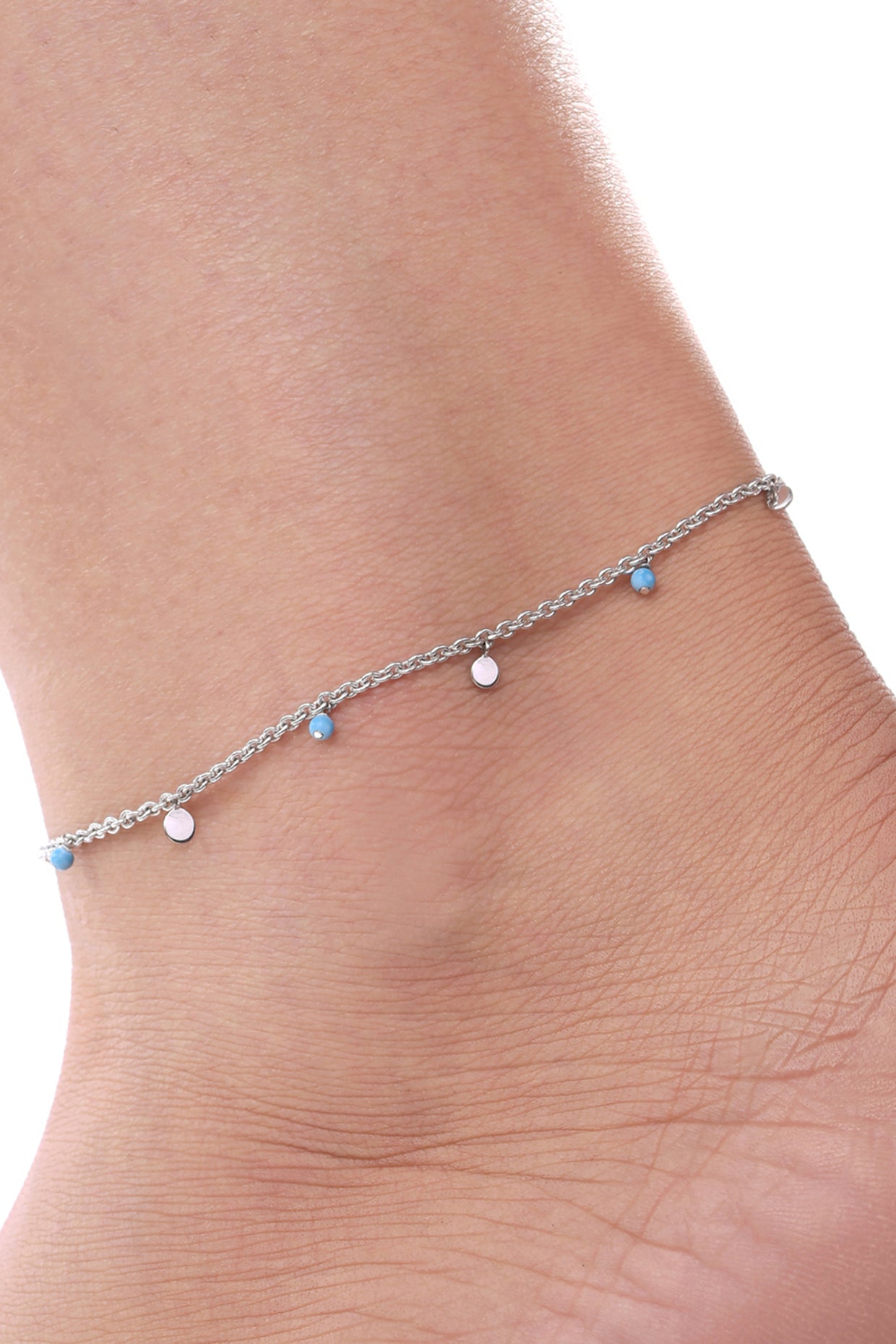 14 Kt White Gold Turquoise Beaded Anklet