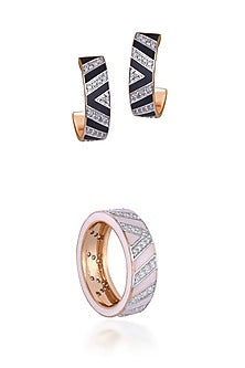 18Kt Gold Diamond Enamelled Half Hoop Earrings With Ring