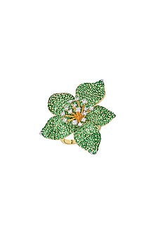 18 Kt Yellow Gold Green Tsavorite & Full Cut Diamond Ring