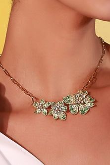 18 Kt Yellow Gold Sapphire & Tsavorite Link Triple Floral Pendant Necklace