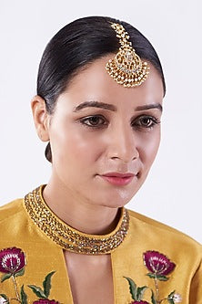 Gold Plated Pearl Maang Tikka In Sterling Silver