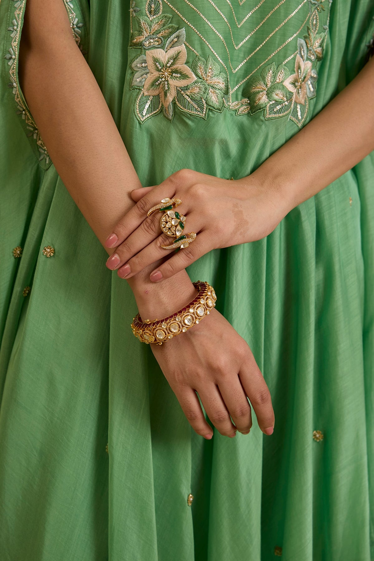 Gold Plated Kundan Polki & Ruby Stone Kada In Sterling Silver