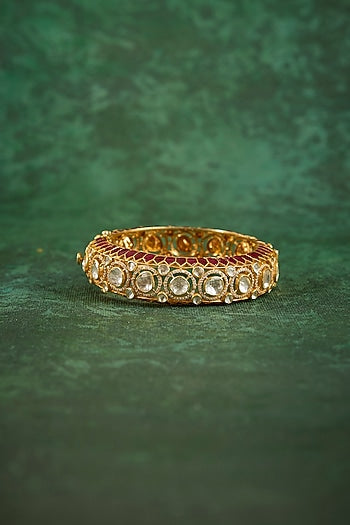 Gold Plated Kundan Polki & Ruby Stone Kada In Sterling Silver