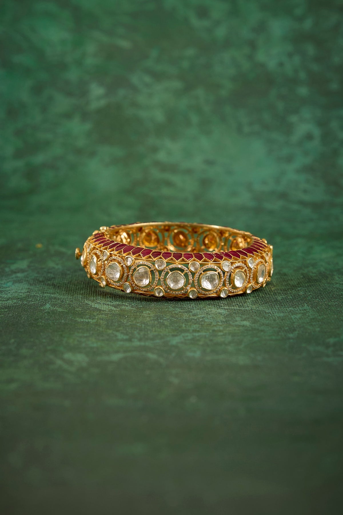 Gold Plated Kundan Polki & Ruby Stone Kada In Sterling Silver