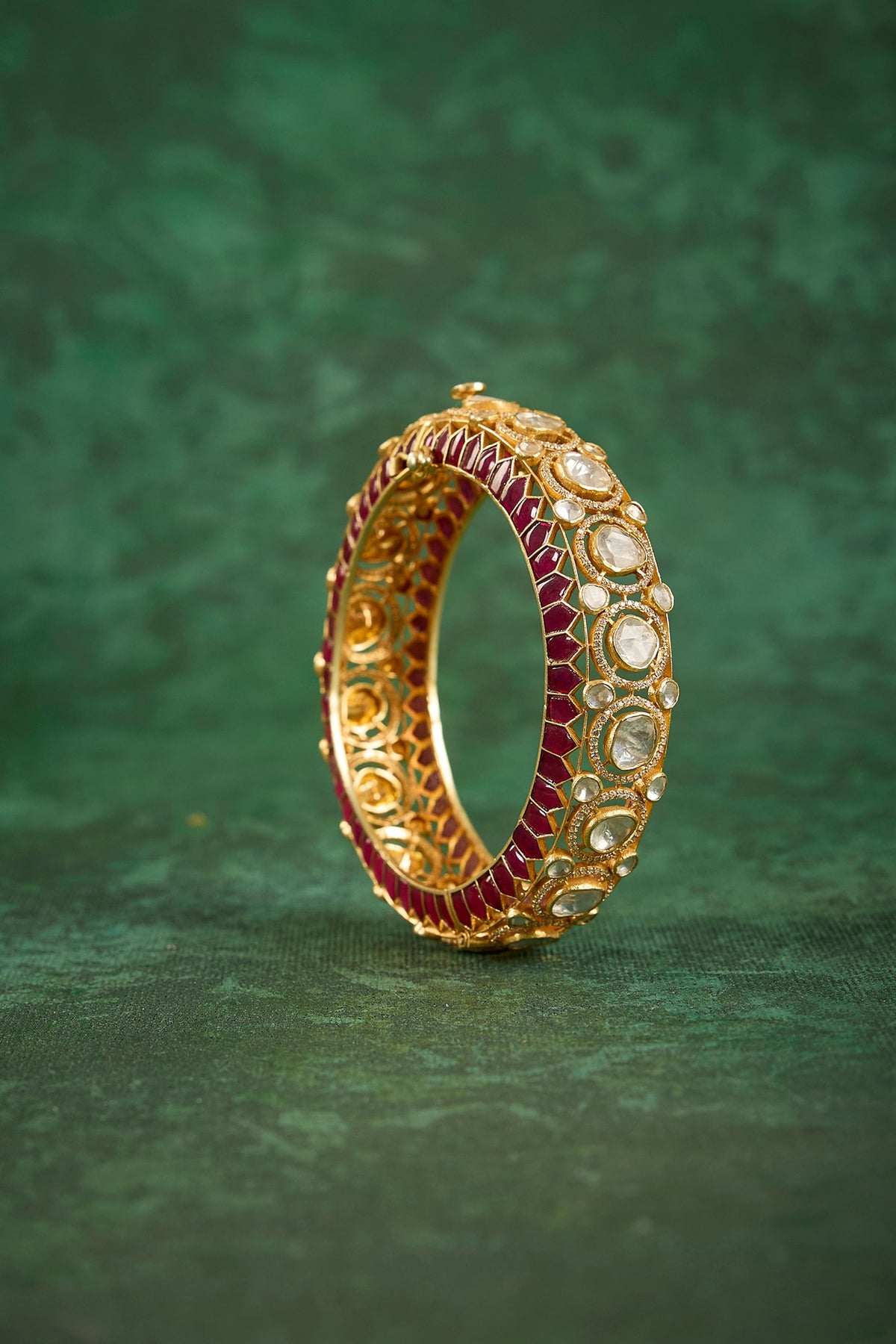 Gold Plated Kundan Polki & Ruby Stone Kada In Sterling Silver