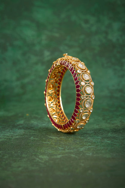 Gold Plated Kundan Polki & Ruby Stone Kada In Sterling Silver
