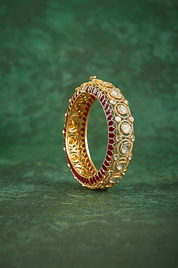 Gold Plated Kundan Polki & Ruby Stone Kada In Sterling Silver