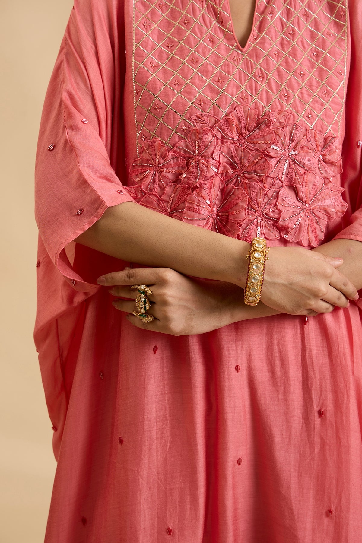 Gold Plated Kundan Polki & Ruby Stone Kada In Sterling Silver